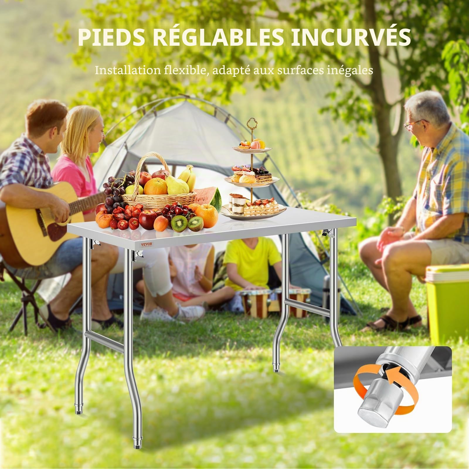 VEVOR Table de Travail Cuisine Pliante en Acier Inoxydable 1 Étage, Table de Travail Commercial 1220x610mm pour Préparation des Aliments,Table Charge 300 KG avec 4 Pieds Réglables