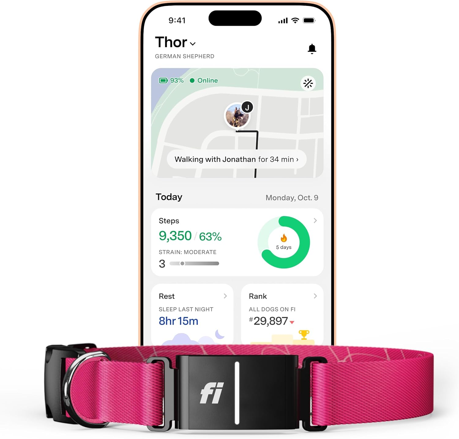 New Fi Series 3+ Smart Dog Collar - GPS Dog Tracker and Activity & New Fitness Monitor, Waterproof, LED Light, Escape Alerts, Nationwide Coverage [Free 6 Month Membership] (Pink, Medium)