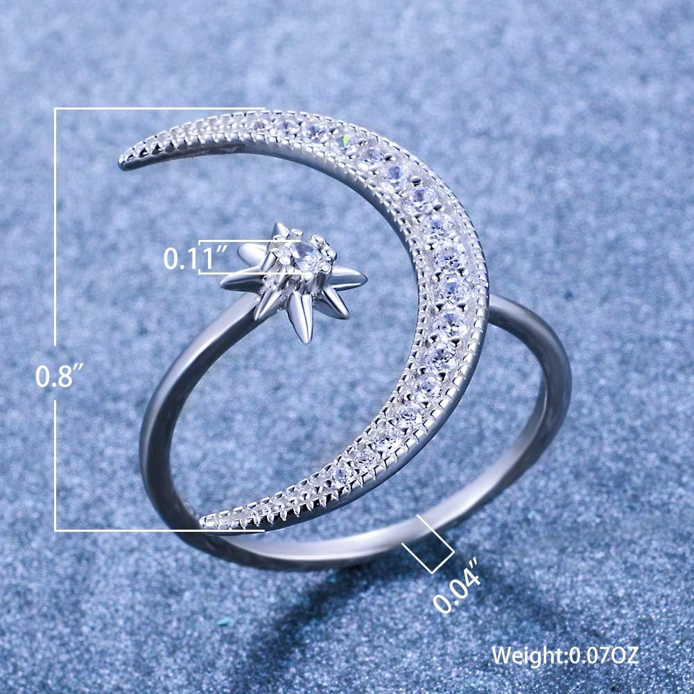 Sterling Silver Crescent Moon Star Rings for Women Adjustable Moon Ring 26A Cubic Zirconia Minimalist Ring Valentines Day Gift for Her with Box - Image 3