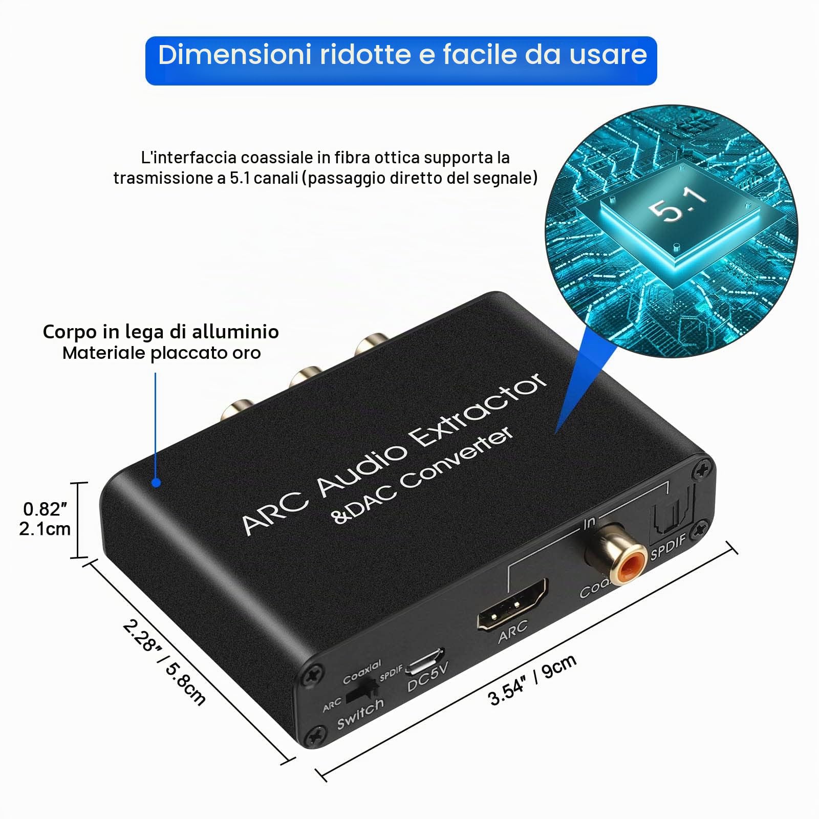 Convertitore DAC HDMI ARC Audio Extractor 192KHz – Supporto ARC, HDMI digitale a audio analogico stereo RCA/coassiale/Spdif e adattatore jack da 3,5 mm