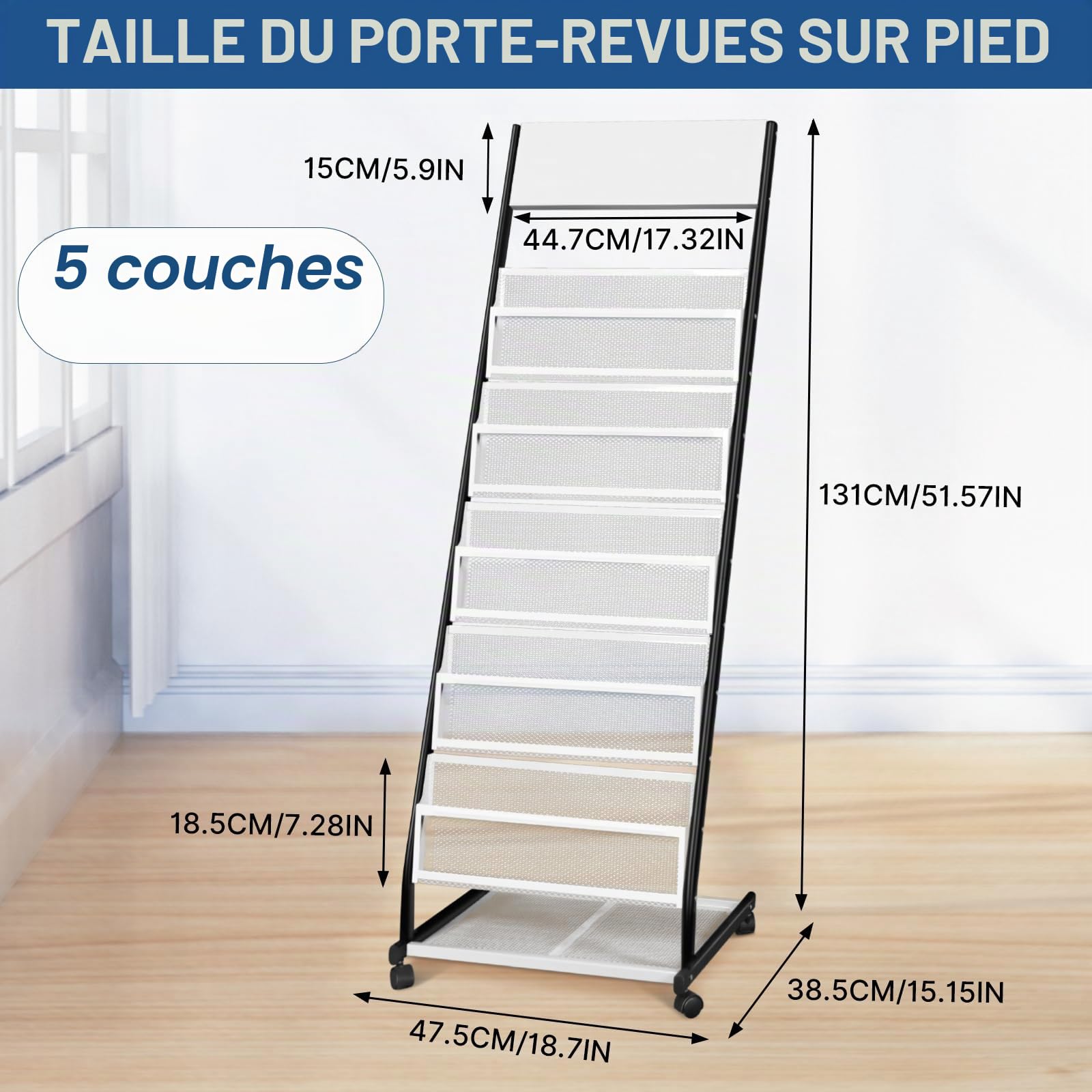 SUNDOY porte revues sur roulettes – revues sur pied et porte-catalogue – roulettes pour bureau, foires et maison (5 couches, 47,5 cm de large)