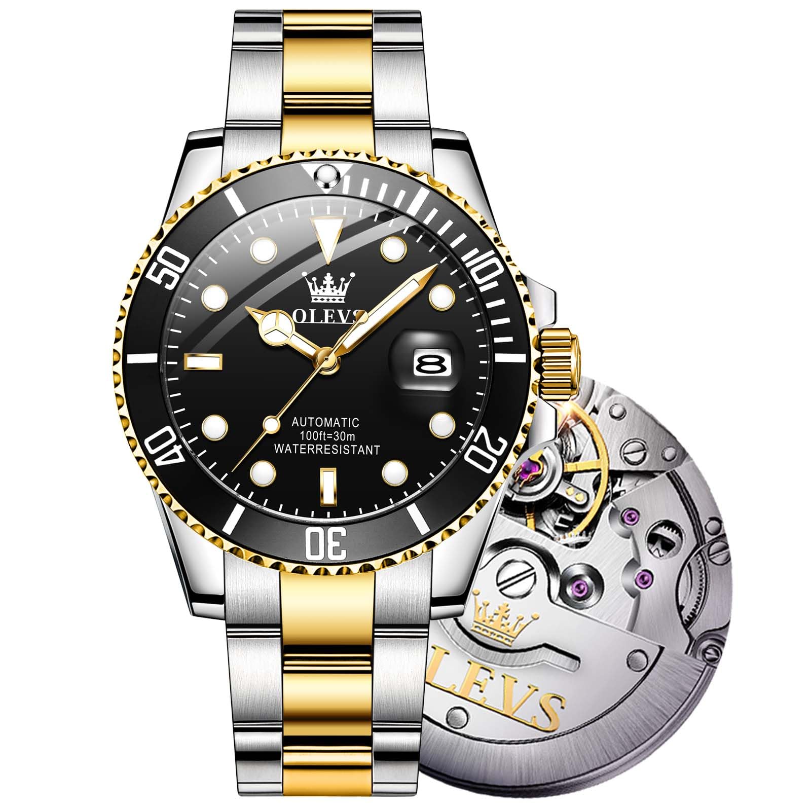 OLEVS Automatic Watches for Men,Self Winding Luxury Waterproof Luminous Watch with Calendar Zoom Window Date-Unidirectional Rotating Bezel No Battery (Blue/Black/Green Face)