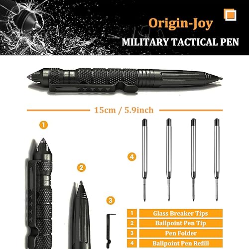 Miniatura 2 de Origin-Joy Paquete de 4 bolígrafos tácticos militares de acero de tungsteno, bolígrafo multifuncional EDC de autodefensa con 16 repuestos de