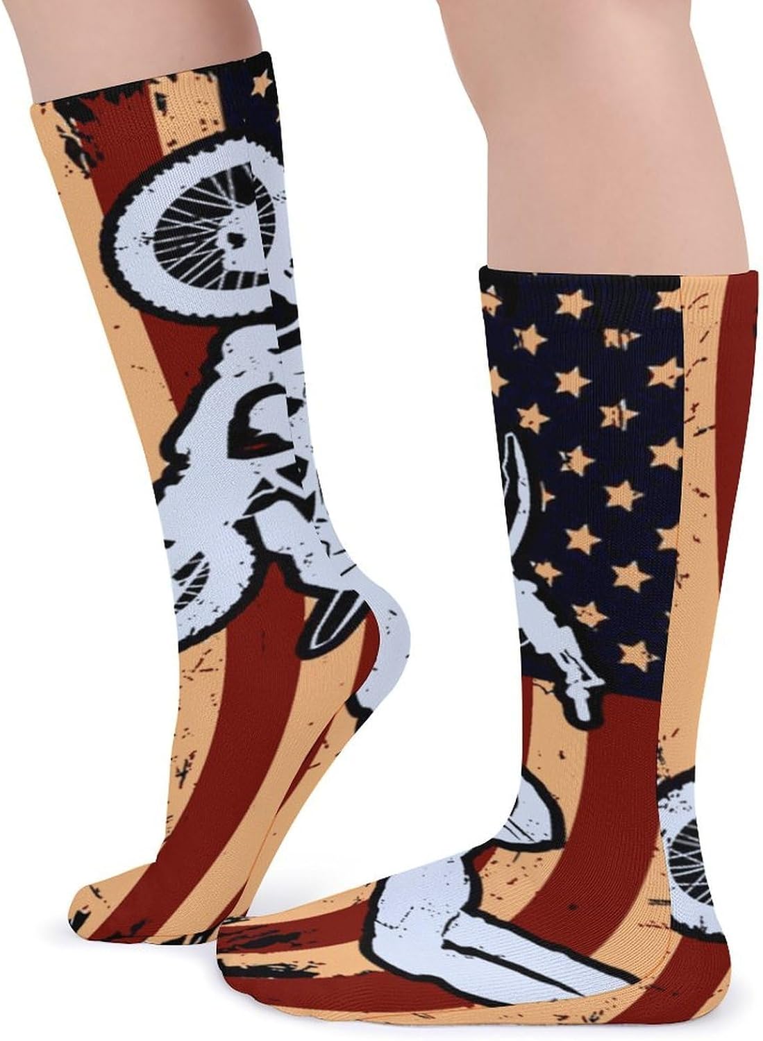 Motocross Dirt Bike USA Americans-Flag Knee High Socks Casual Long Stockings Over Calf Sock Tube for Women Men