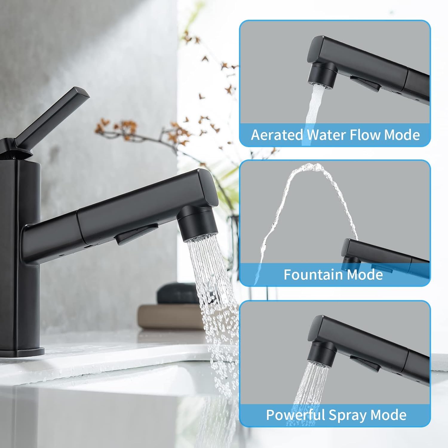 HANLIAN Single Hole Pull Out Faucet for Bathroom Sink, Black Sink Faucet Bathroom, One Handle Modern Restroom Tap with Pull Down Sprayer, 3 Modes Washroom Pull Out Tap with Rotating Spout