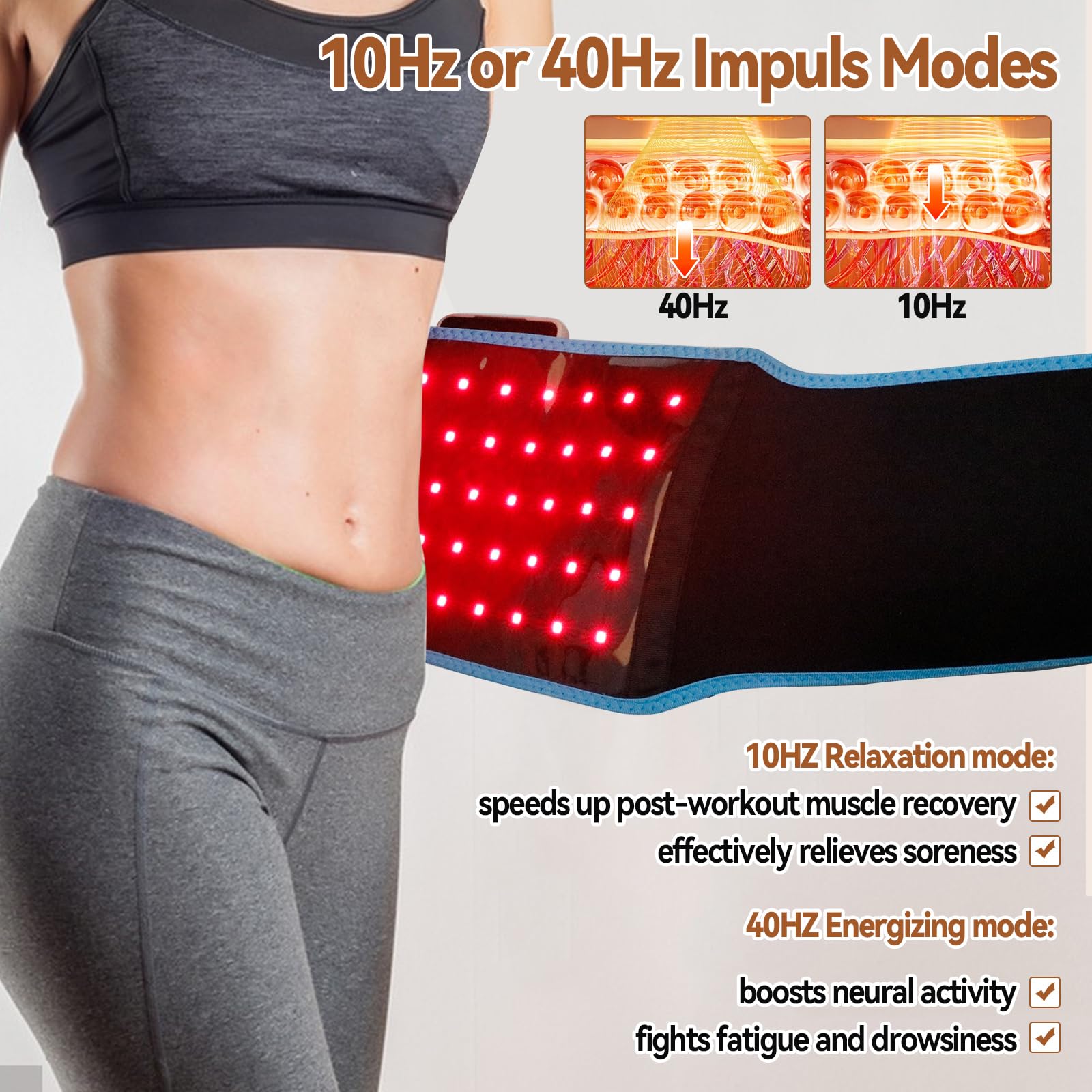 Cinturón de terapia de luz roja de 660 nm con luz roja y 850 nm con ajustes de temporizador y gafas para cintura, muslo, brazos, etc. Alivio muscular para hombro, espalda, cintura y abdomen