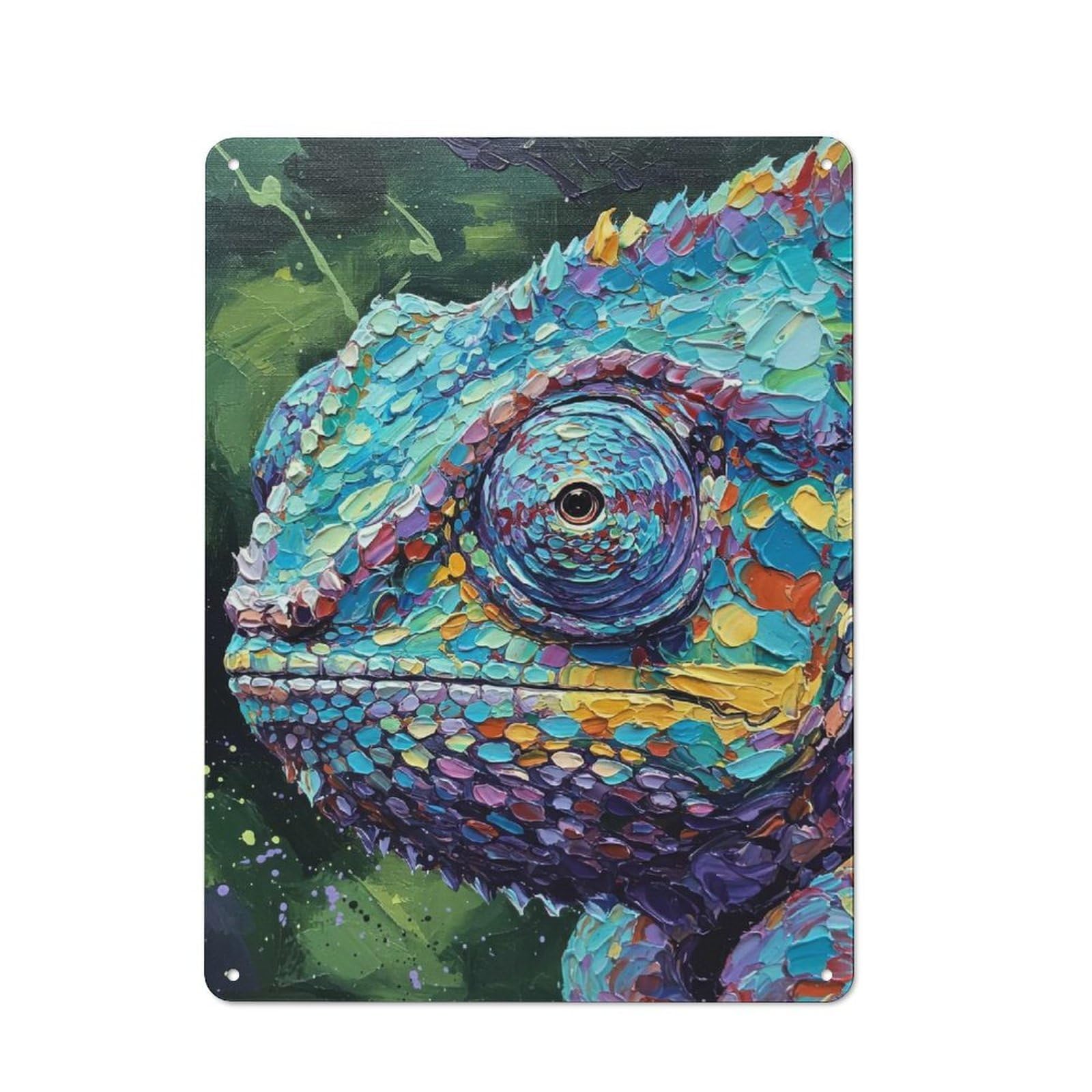 Junmoney Style-14 Tin Wall Plaque 40X30cm With Colorful Chameleon Painting For Man Cave Or Games Room, For Vintage Wall Decor Fans, For Themed Room Decoration