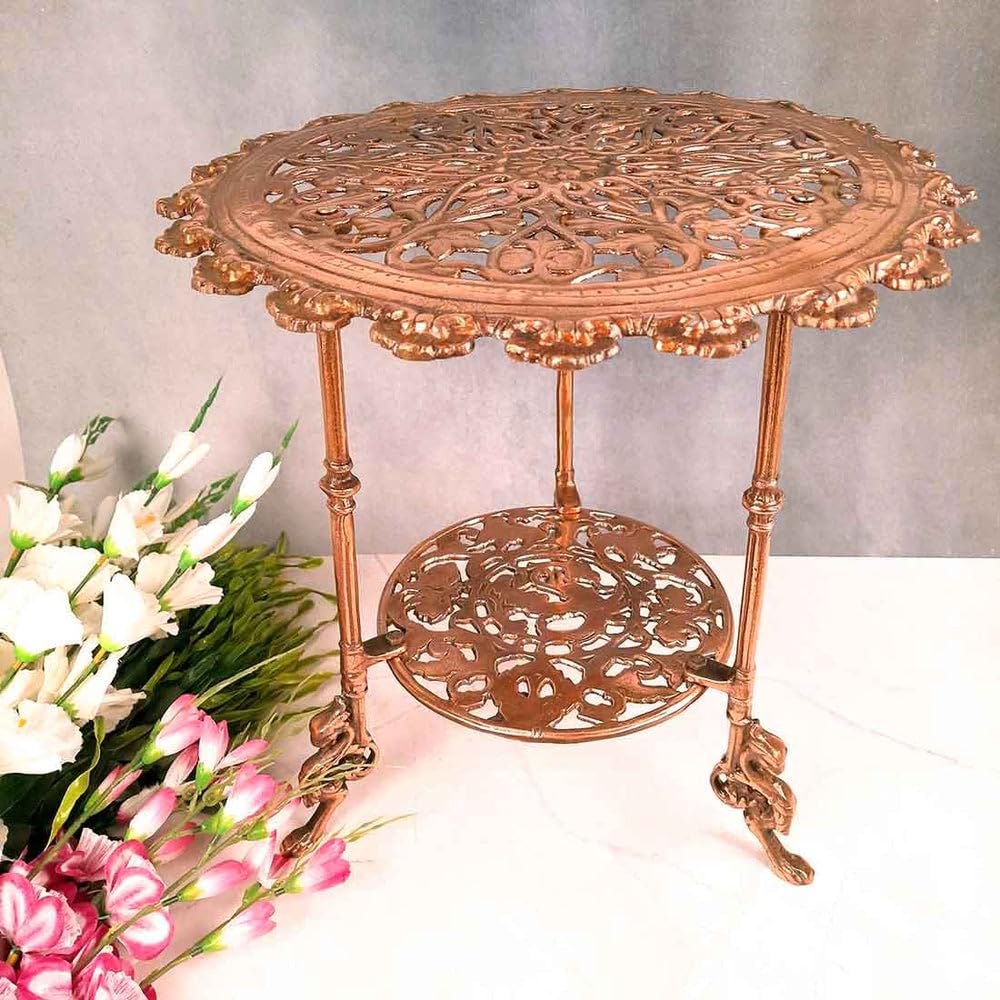 Decorative Metal Side Table, Copper Finish, Round, Filigree Design, Vintage Style, Two-Tier-image-11