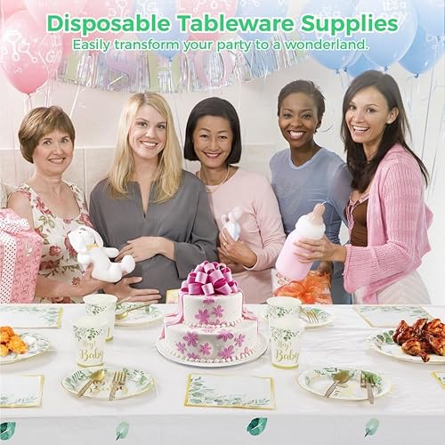 Miniatura 2 de 151 piezas de suministros para fiesta de baby shower, tazas de papel verde, platos, servilletas, cubiertos, kit para 25, decoración de vajilla