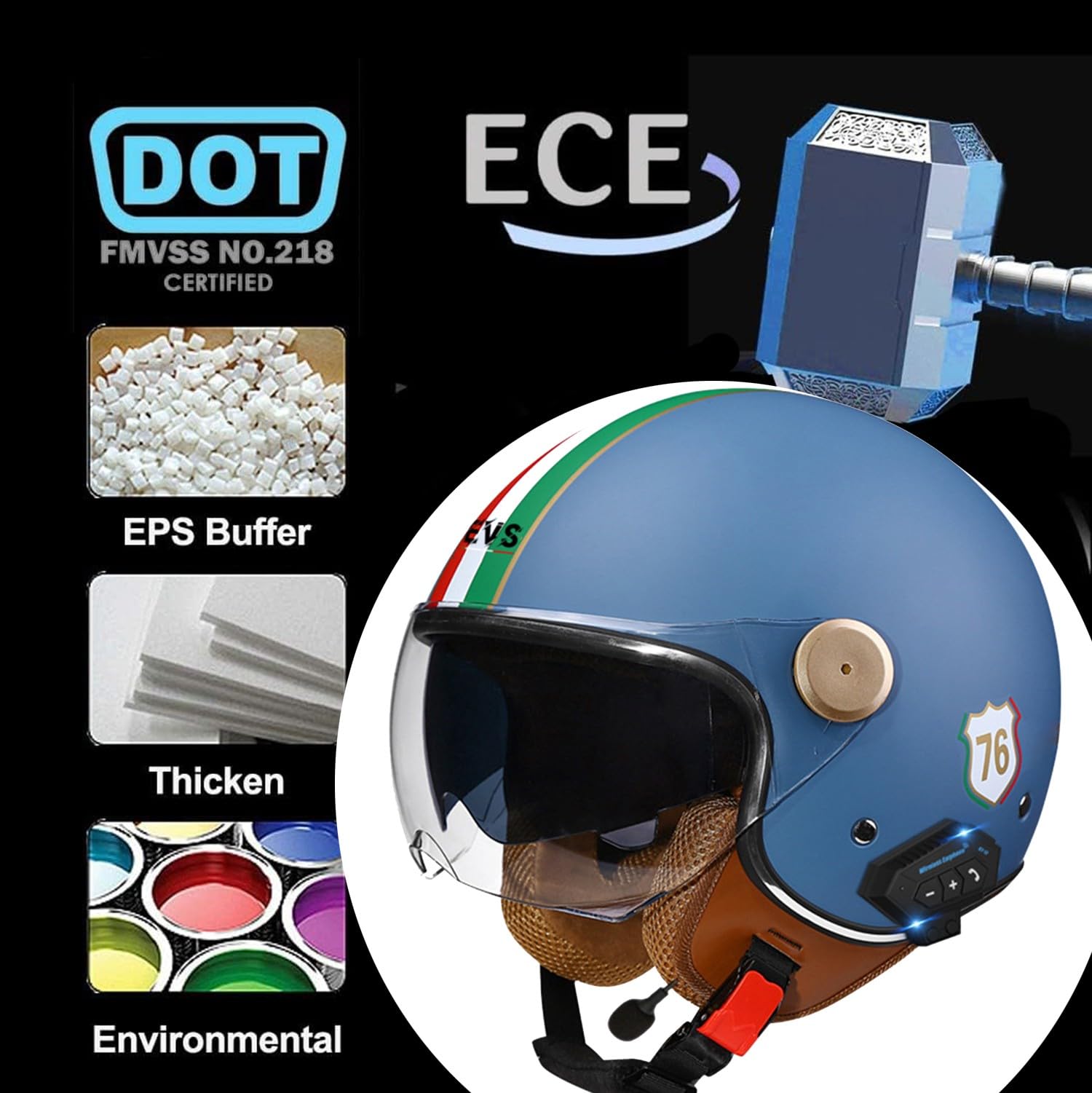 Medio Casco de Motocicleta ECEDOT Certificado Cascos Half-Helmet Bluetooth Cascos Abiertos de Ciclomotor para Hombres Y Mujeres Adultos Casco Jet para Moto Forro Extraíble