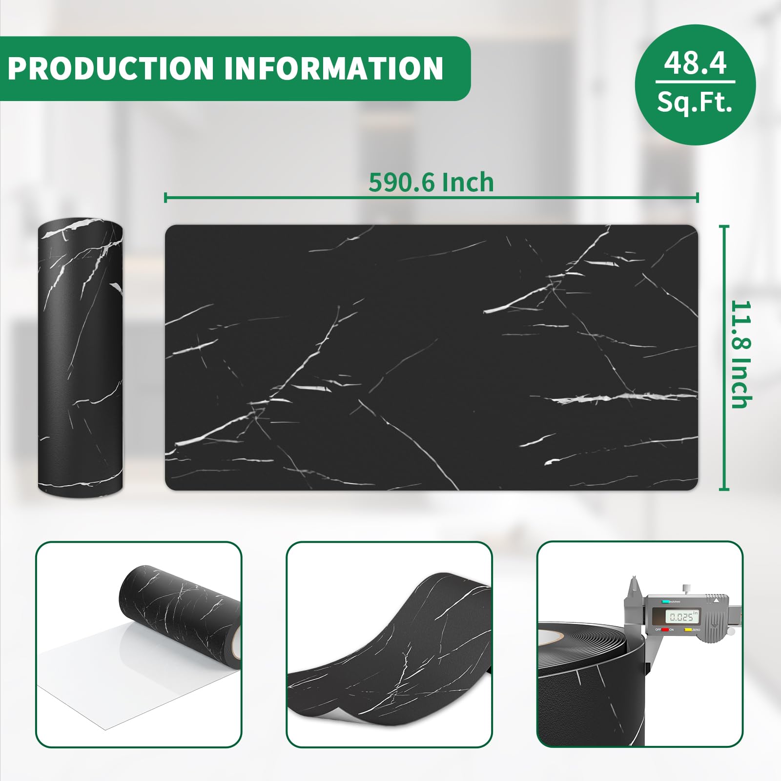 Peel and Stick - Piastrelle per pavimenti in vinile, 30 x 1500 cm, impermeabile, antigraffio, per affittuari, cucina, bagno, camper, colore: marmo nero