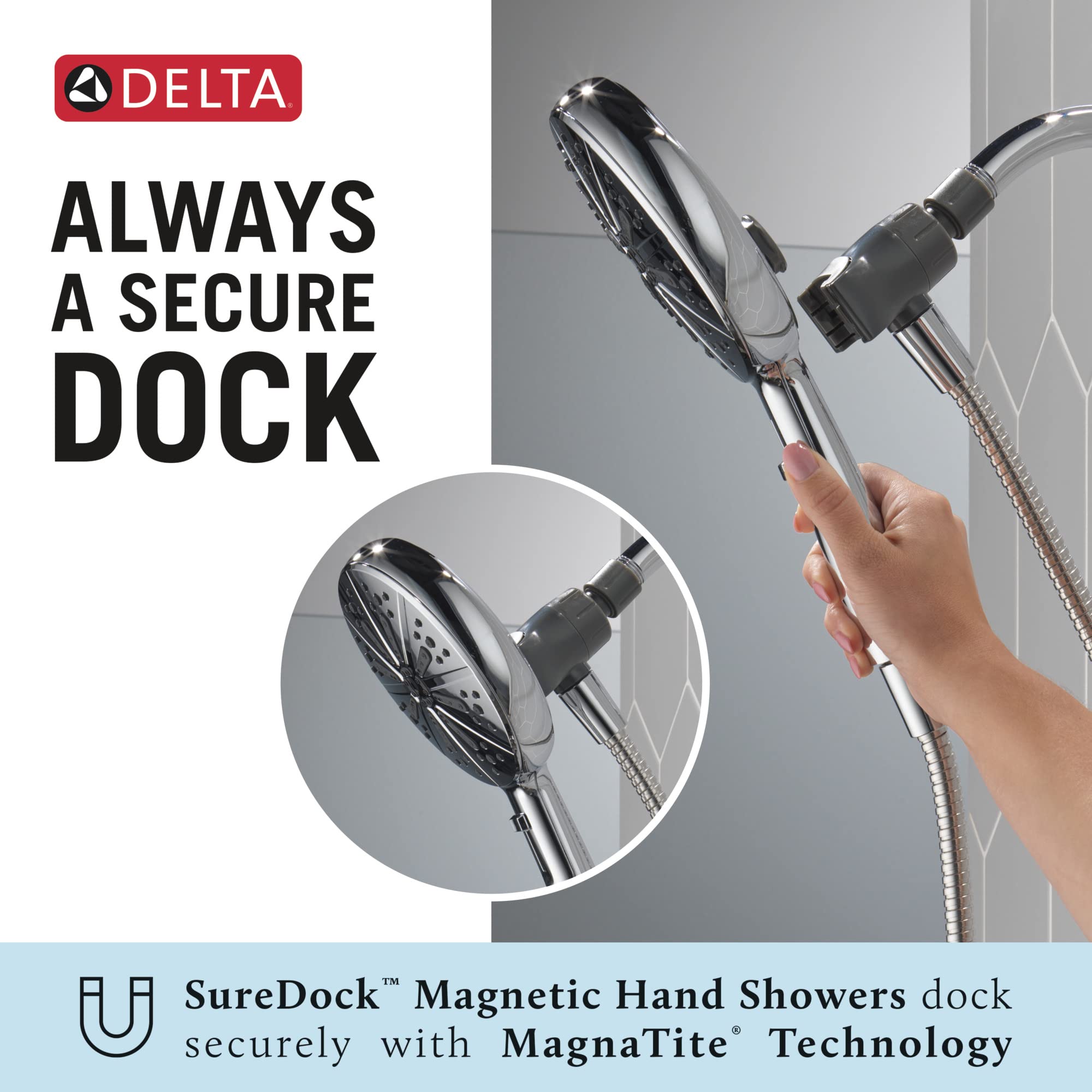 Delta Faucet SureDock - Cabezal de ducha magnético de 6 pulverizaciones con rociador de mano, cabezal de ducha cromado con manguera, cabezales de ducha y duchas de mano, ducha de mano, cromado 75613