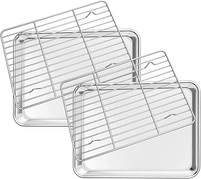 Deedro Baking Sheet with Rack Set [2 Sheets + 2 Racks], Stainless Steel Cookie Half Sheets Baking Pan Oven Tray with Cooling Rack, 9 x 7 x 1 Inch, Heavy Duty, Non-toxic, Easy Clean