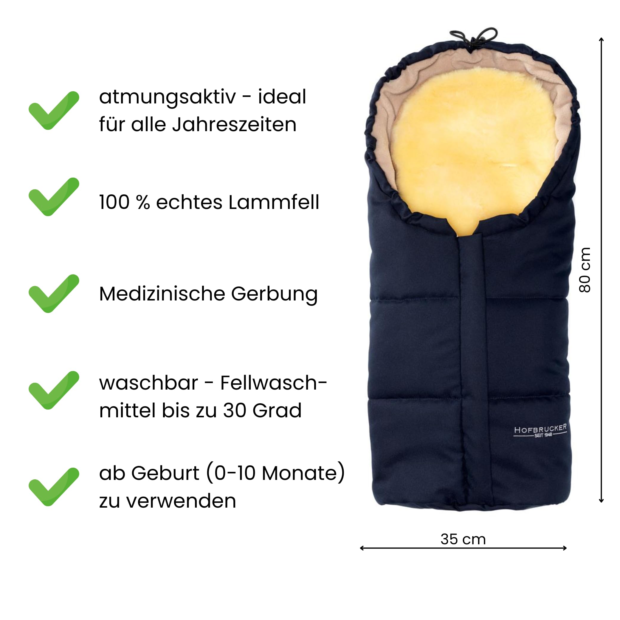 Hofbrucker Lammfell-Fußsäckchen Leni für Babyschale & Kinderwagenschale | Lammfell herausnehmbar | Winterfusssack wasserabweisend & Mumienform | Lammfellfußsack Made in Germany