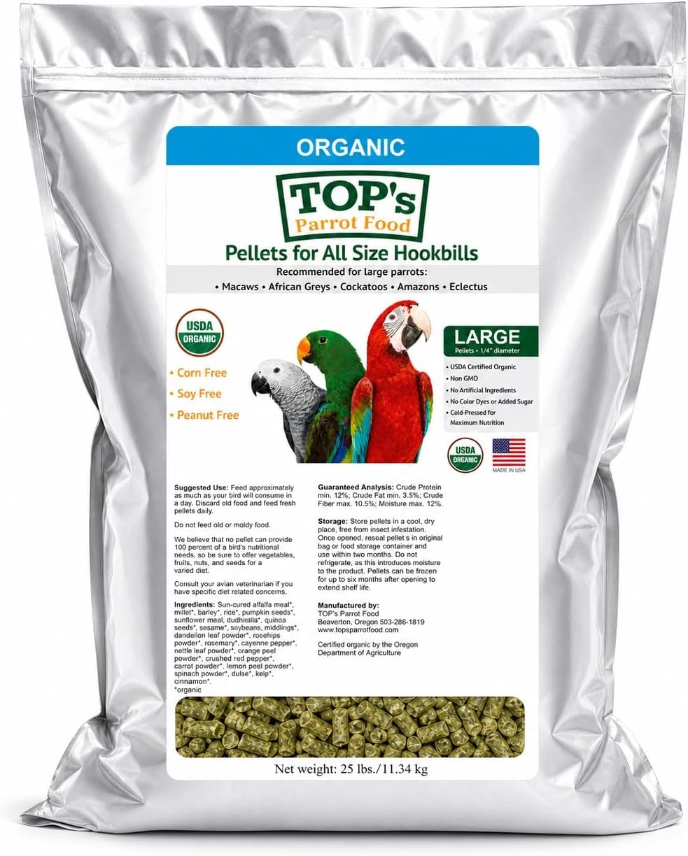 TOP's Large Parrot Pellets 25 lb, USDA Organic Certified, Non-GMO Bird Food for Hookbills
