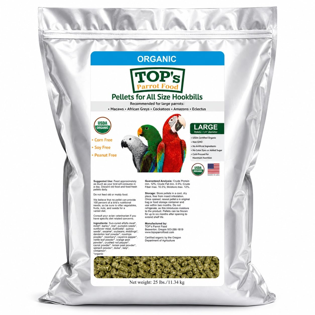 Amazon.com: TOP's Large Parrot Pellets 25 lb, USDA Organic