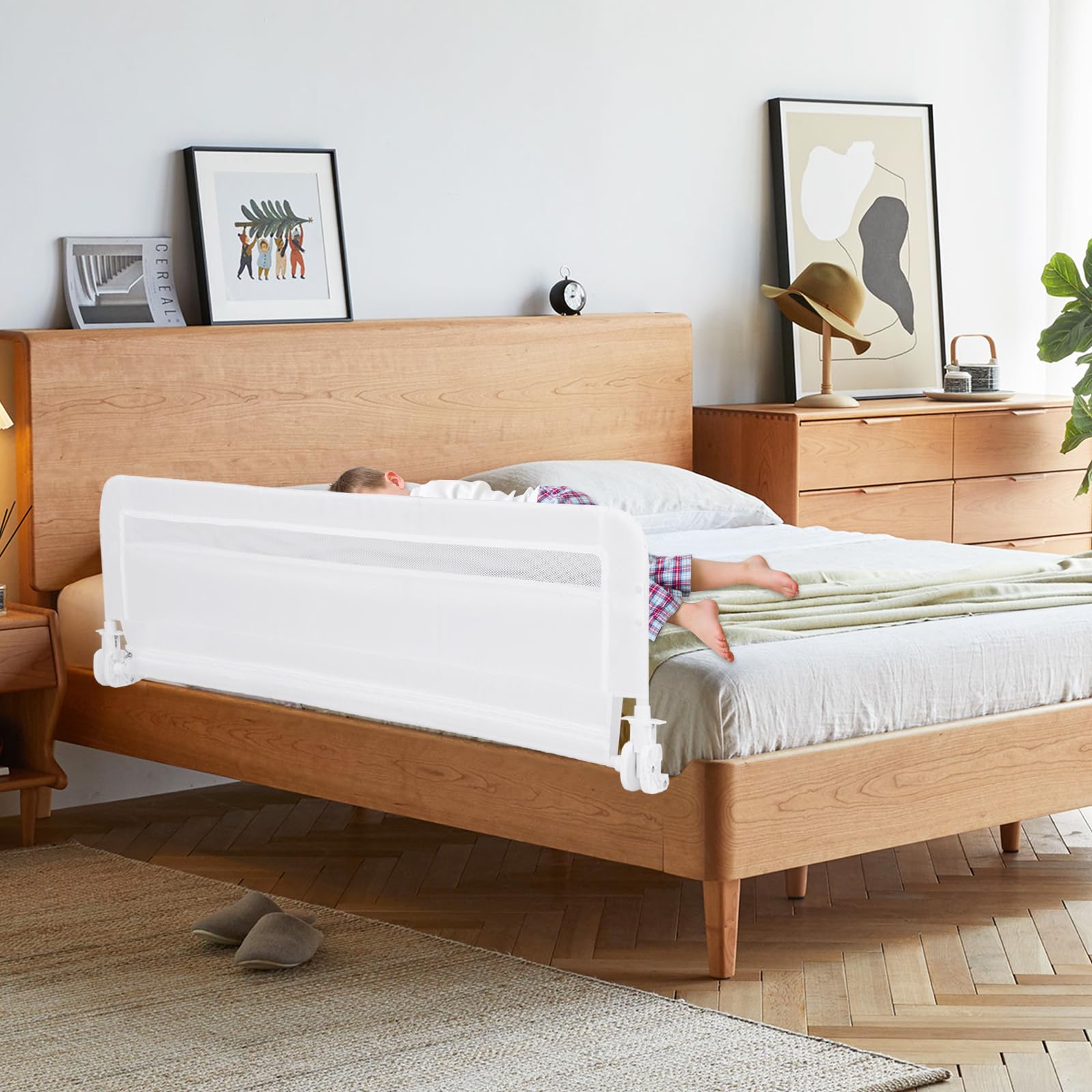GOPLUS Barrera de Cama para Niños Pequeños 120 CM, Barandilla de Cama para Bebés Abatible con Estructura de Metal, Funda Desmontable y Lavable y Correa de Seguridad, para Cama (Blanco)