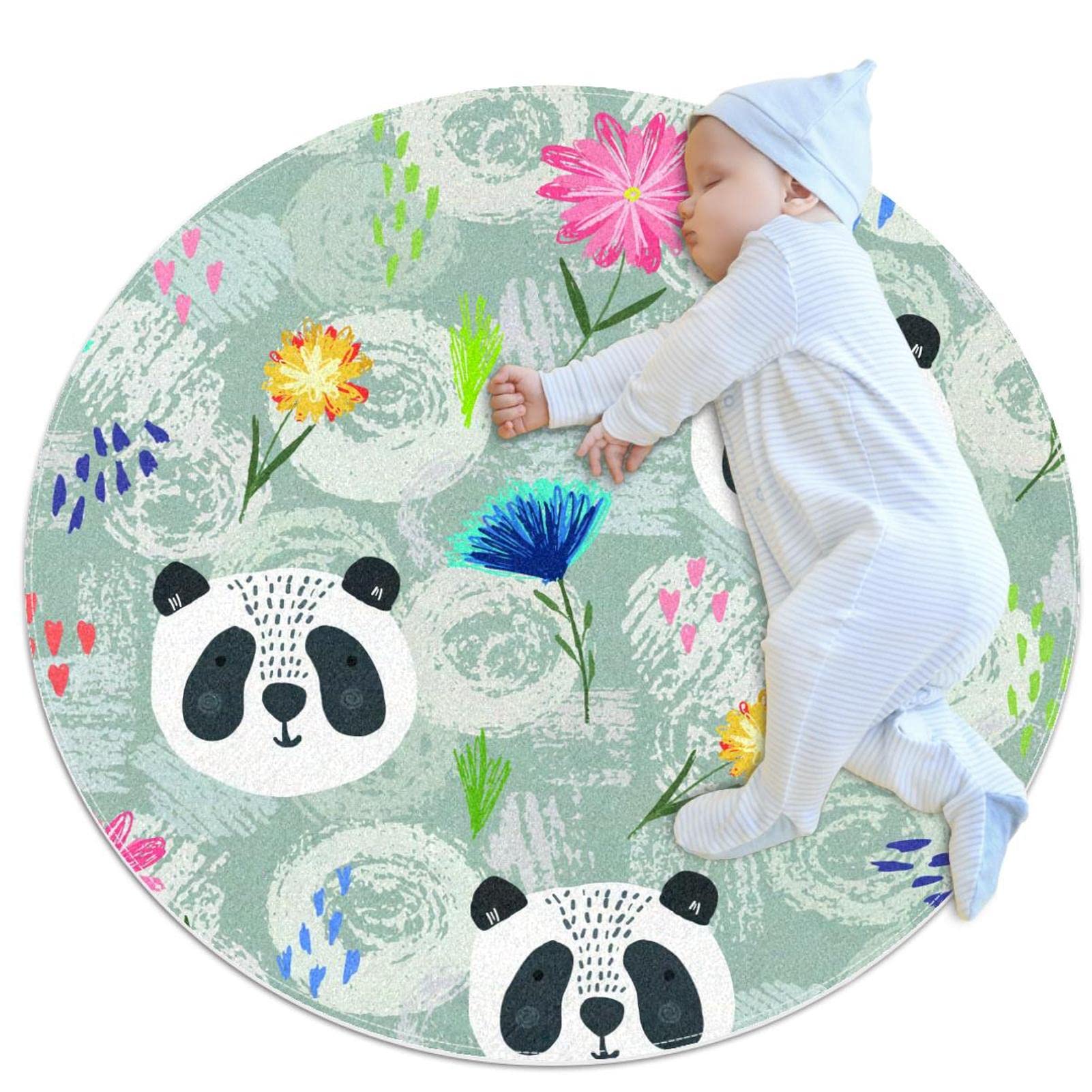 Tapis de jeu pour enfants rond 80x80cm JDEZ tapis de chambre motif animaux pandas filles