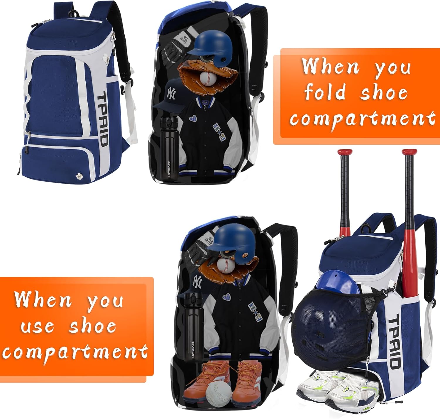TPAID Baseball Backpack Large Capacity Softball Bag with Shoes Compartment and Fence Hook, Lightweight Baseball Equipment Bag Holds Bats, Helmets, Gloves, Hats, Clothes, Shoes