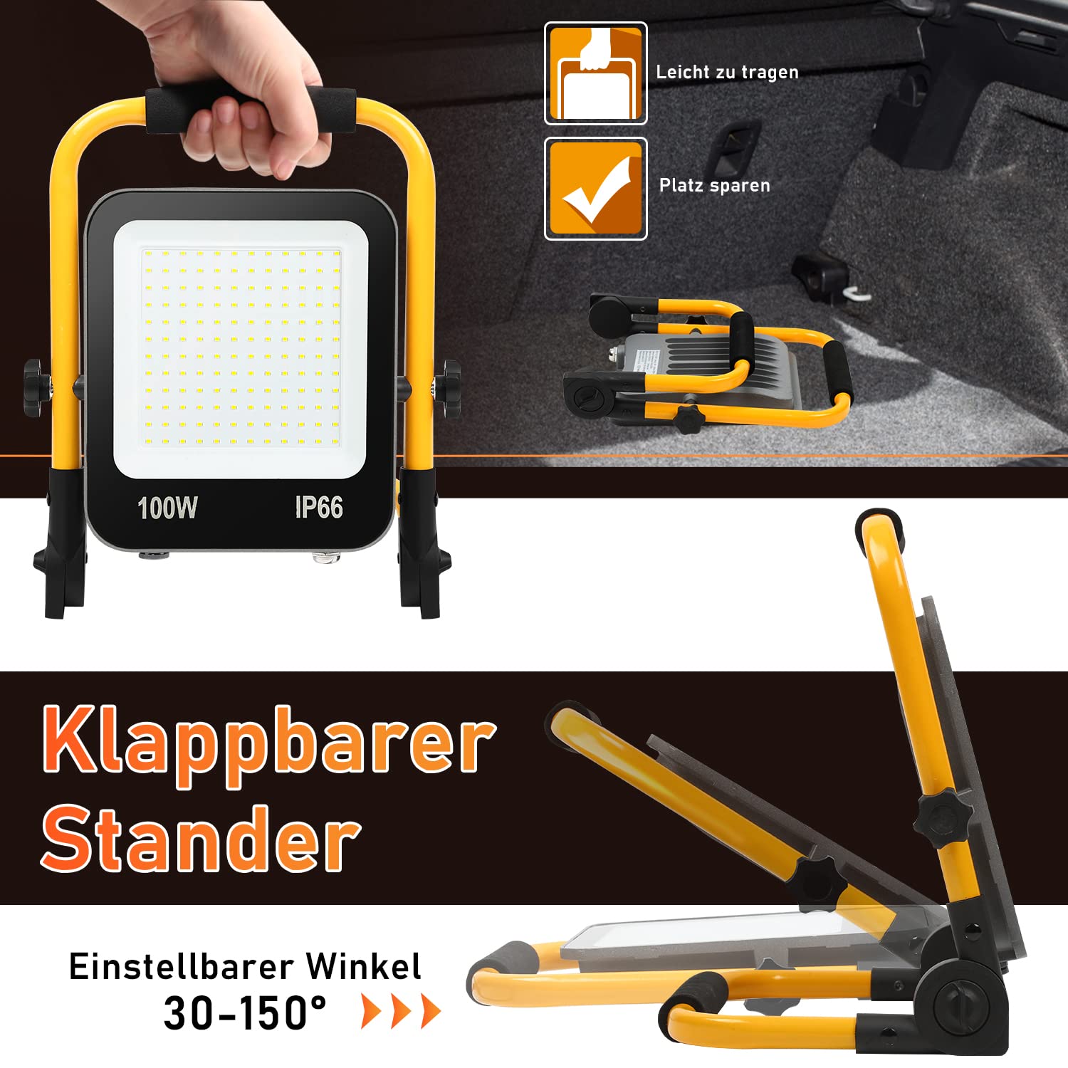 Randaco LED Baustrahler, 4x100W 10000LM Tragbar LED Arbeitsleuchte Baustrahler 6000K Kaltweiß Bauscheinwerfer, IP66 Wasserdicht mit 3M Kabel und Faltbarer Ständer, für Baustelle (mit Stecker)