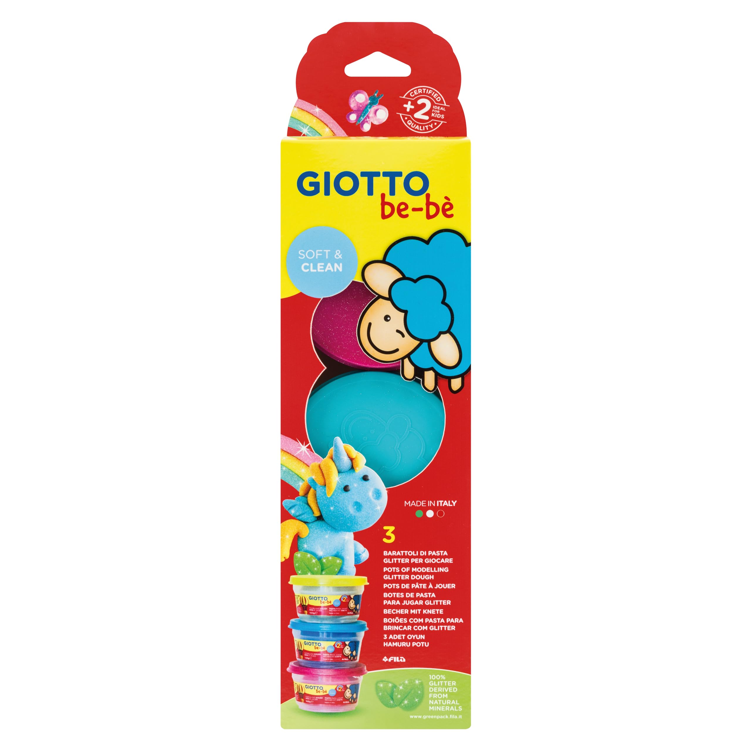 GIOTTO be-bè, Glitter Modelling Paste, Soft, Clean, Canisters, Assorted Colours, 3x100g Units