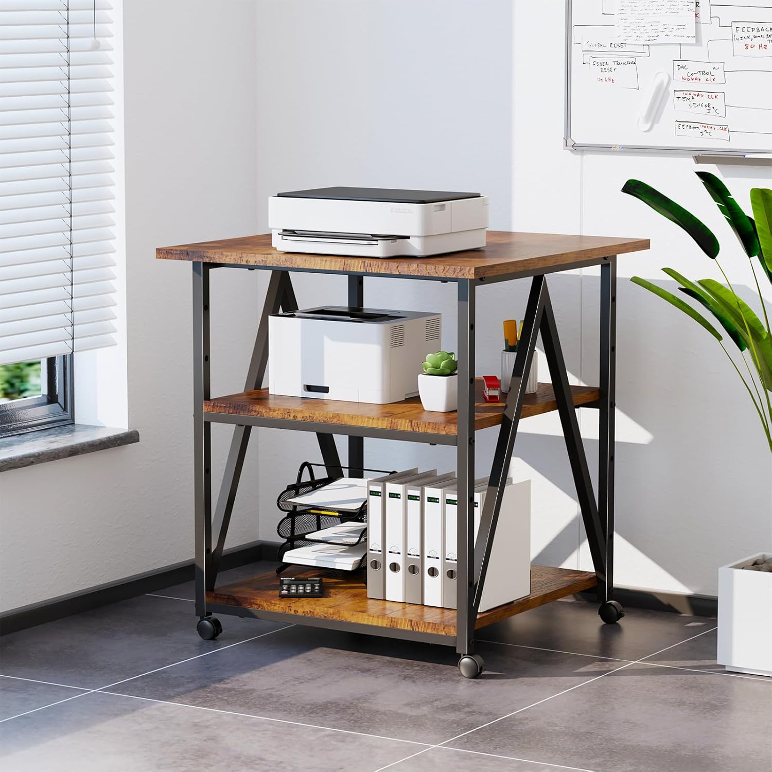 3-Tier Printer Stand, Large Printer Table with Storage, Industrial Printer Storage Cart with Wheels, Rolling Printer Stand for Heat Press Scanner Fax, Brown
