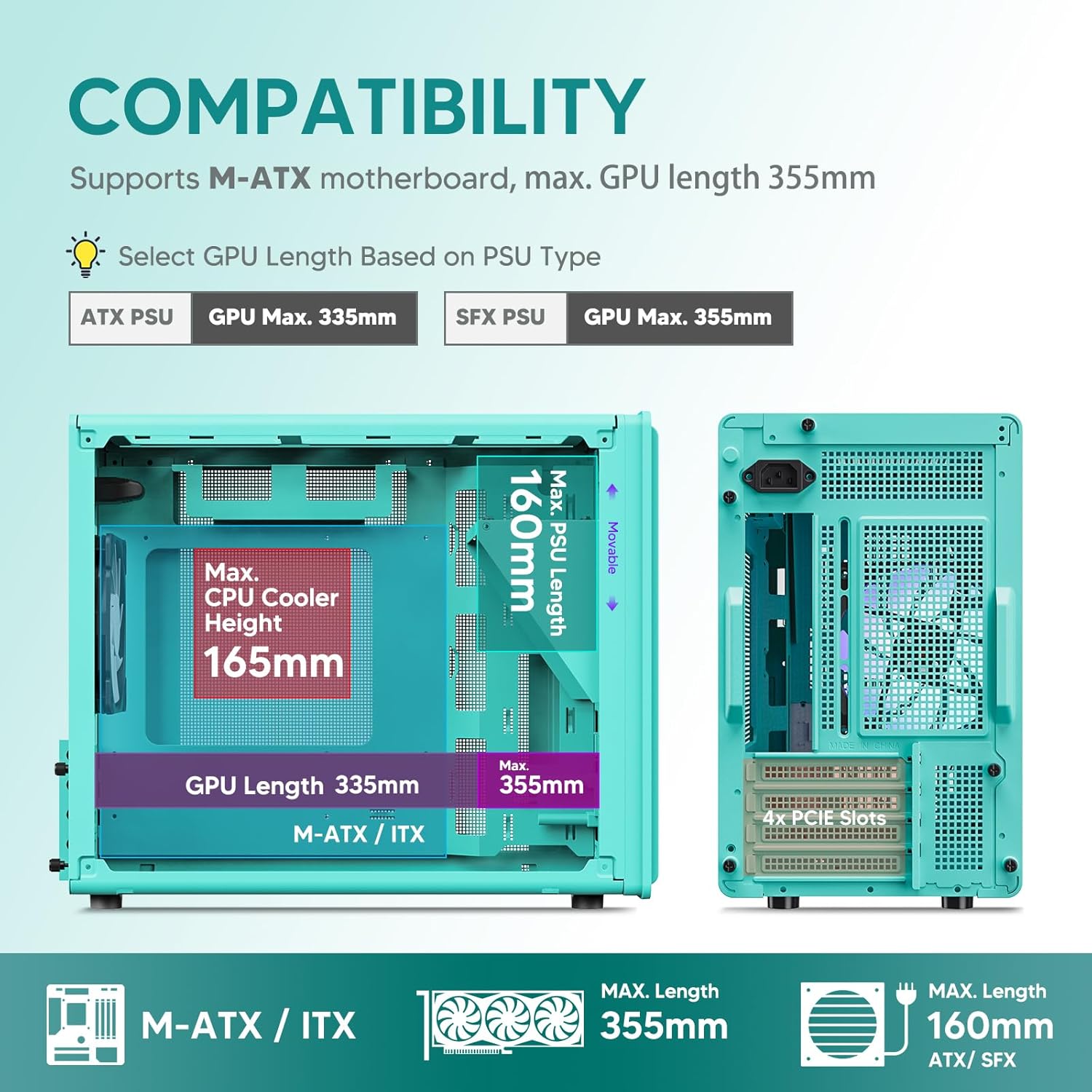 Vetroo M06 Micro-ATX/Mini-ITX Gaming PC Case, Compact High Airflow Mesh Mid Tower, Supports 5×120mm Fans & 240mm Liquid Cooling, GPU Up to 355mm, Adjustable PSU Mount, USB Type-C I/O - Mint Green