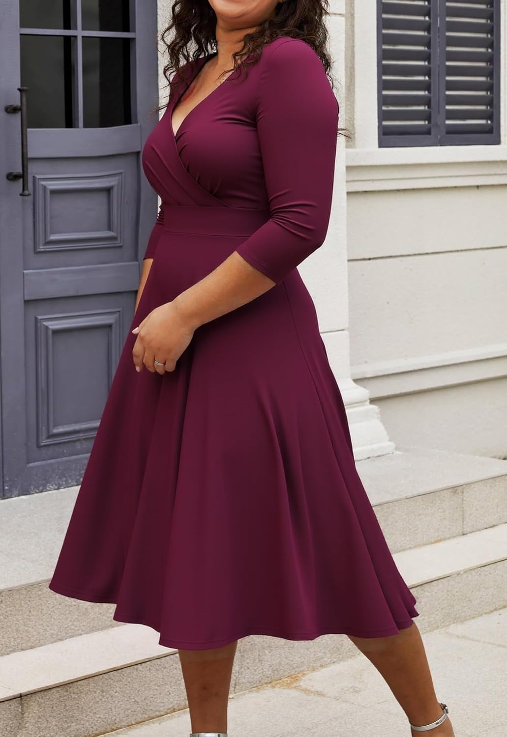 Womens Plus Size Dresses Faux Wrap Summer Dress 3/4 Sleeves V Neck 1950s Retro Vintage Wedding Party Midi Dress - Image 4