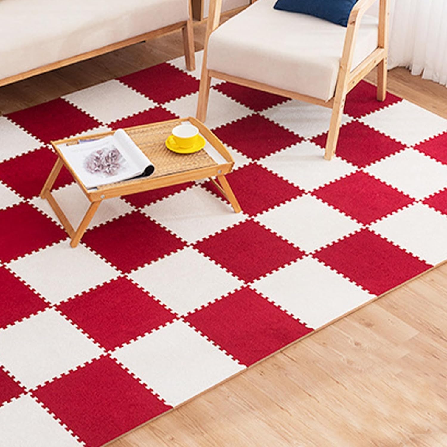 Square Short Plush Puzzle Foam Floor Mat, Thickened Interlocking Carpet Tiles, for Playroom Jigsaw Flooring Playmats, 12X 12x 0.4in(Wine red-White,40p)