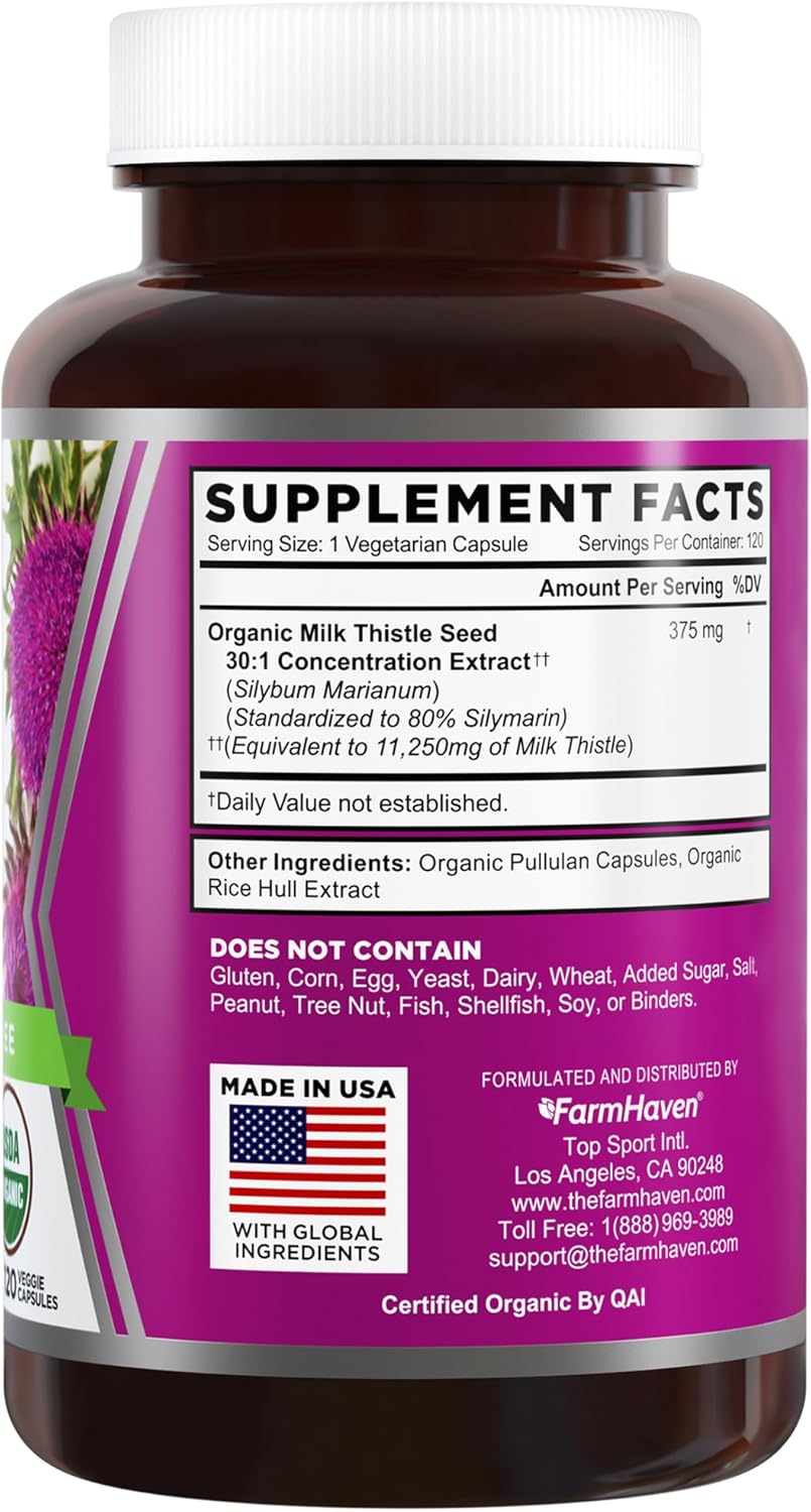FarmHaven USDA Organic Milk Thistle Capsules |30X Concentrated Seed Extract & 80% Silymarin Standardized - Supports Liver Function and Overall Health | Non-GMO | 120 Veggie Capsules