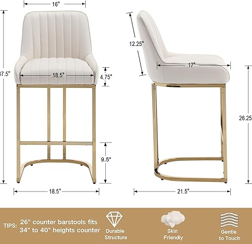 Miniatura 30 de Juego de 2 taburetes de bar de terciopelo beige de 26 pulgadas, modernos taburetes de mostrador con respaldo/patas doradas, sillas de bar tapizadas,