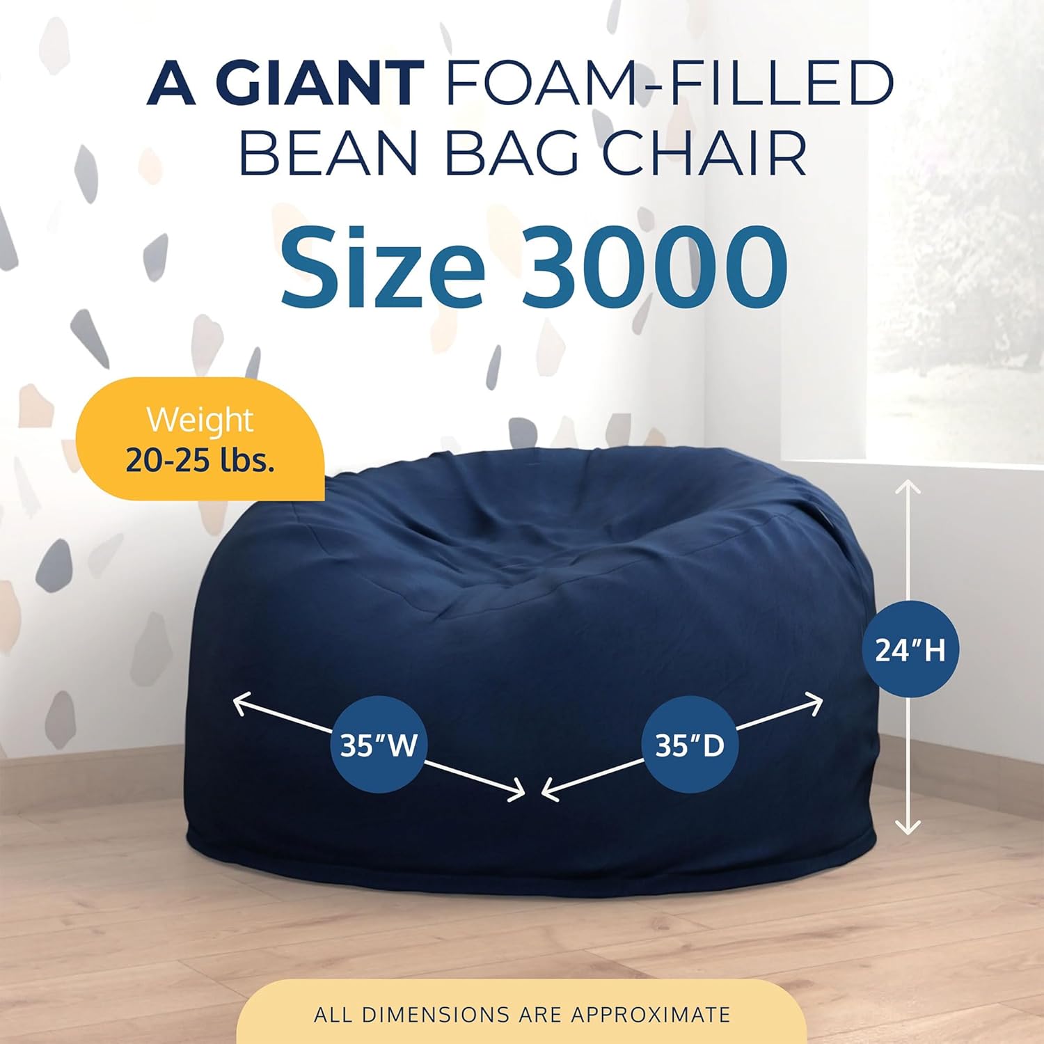 ULTIMATE SACK 3000 3-Foot Bean Bag Chair, Navy Suede Cover – Oversized Foam Lounger, Floor Seat, Small Sofa, or Couch Bed for Living Area, Gaming Room, or Reading Lounge