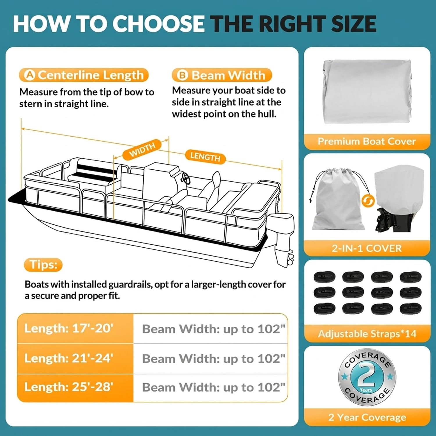 1200D Waterproof Pontoon Boat Cover with Metal Buckles,Solution-Dye Marine Canvas Trailerable Boat Cover 17-20ft for Pontoon Boat with Motor Cover,Gray
