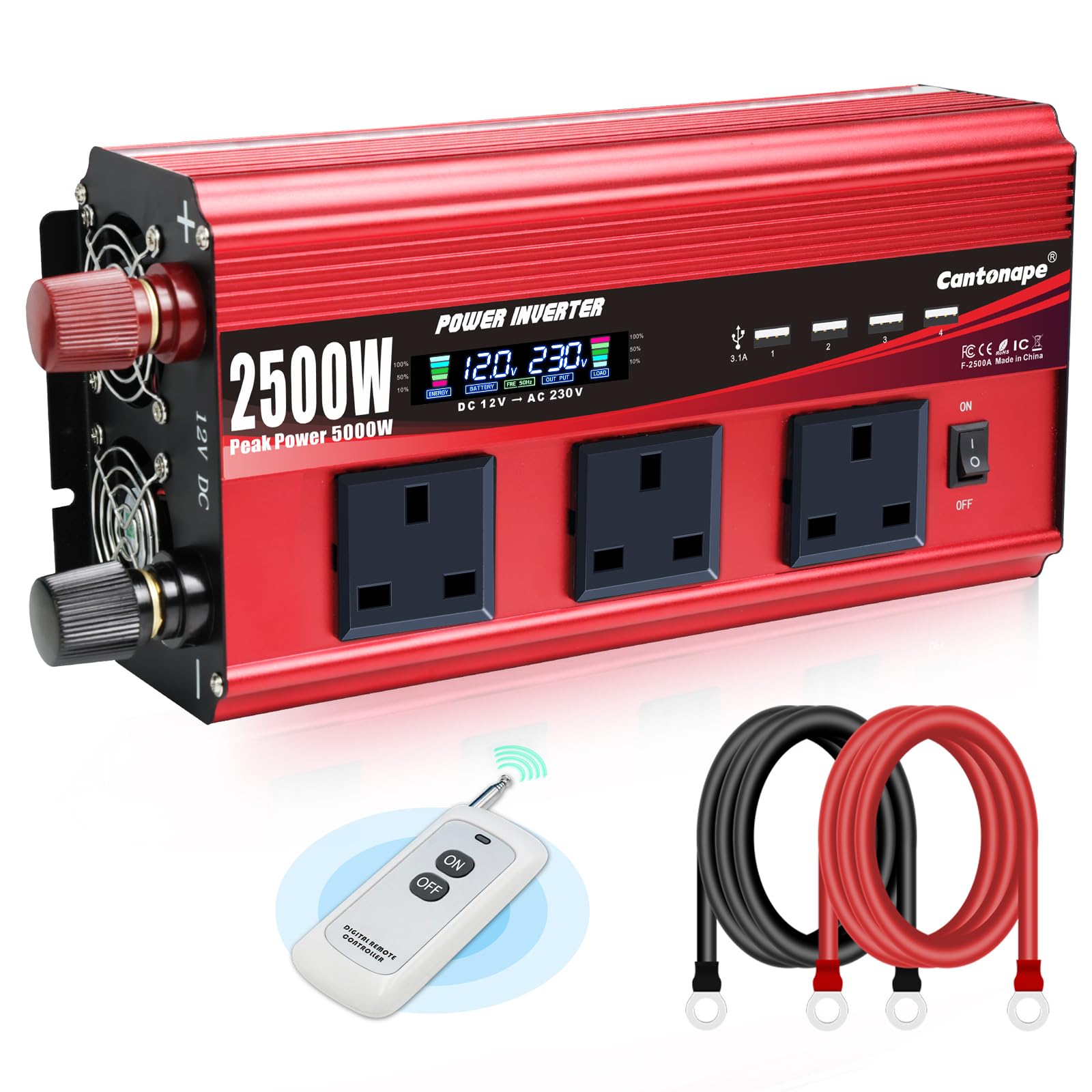 Cantonape Inversor De Corriente Coche 2500W 5000W de12V A 220V con 4 USB y 3 tomas Reino Unido con control remoto inalámbrico para Coche, Caravana, Barco, cámping