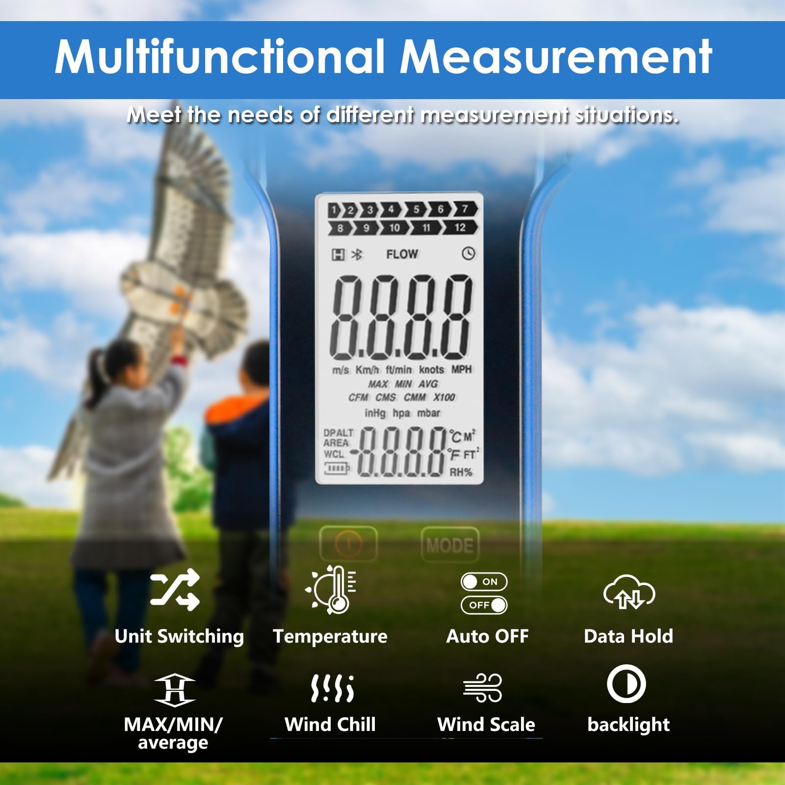 Digital Anemometer CFM CMM CMS Luftstrom-Geschwindigkeitsmesser LCD Hintergrundbeleuchtet Windgeschwindigkeit Windtemperatur HLK Windmesser 270° drehbarer Sensor