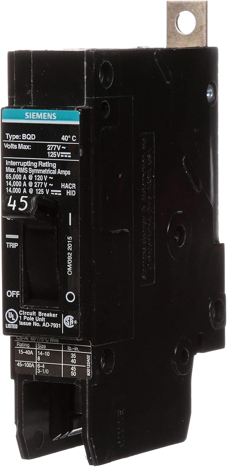 Siemens BQD145 45-Amp Single Pole 277V AC / 125V DC 14KAIC Bolt in Breaker