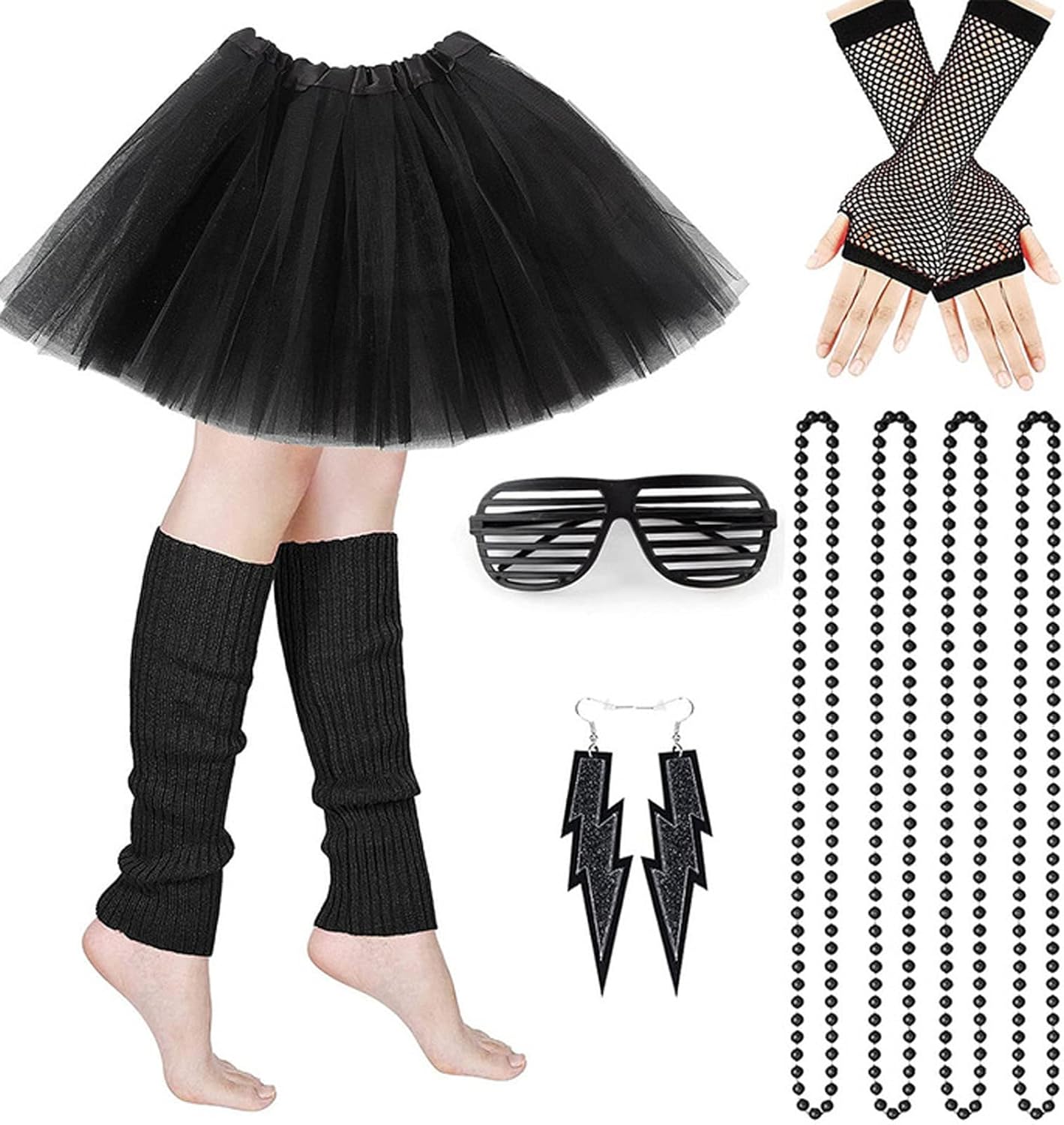 Disfraz de los años 80 para mujeres y niñas, 6 piezas de accesorios de disfraz de fiesta de los años 80, falda tutú con collares, guantes calentadores LED, juego de disfraz de los años 80 para fiesta
