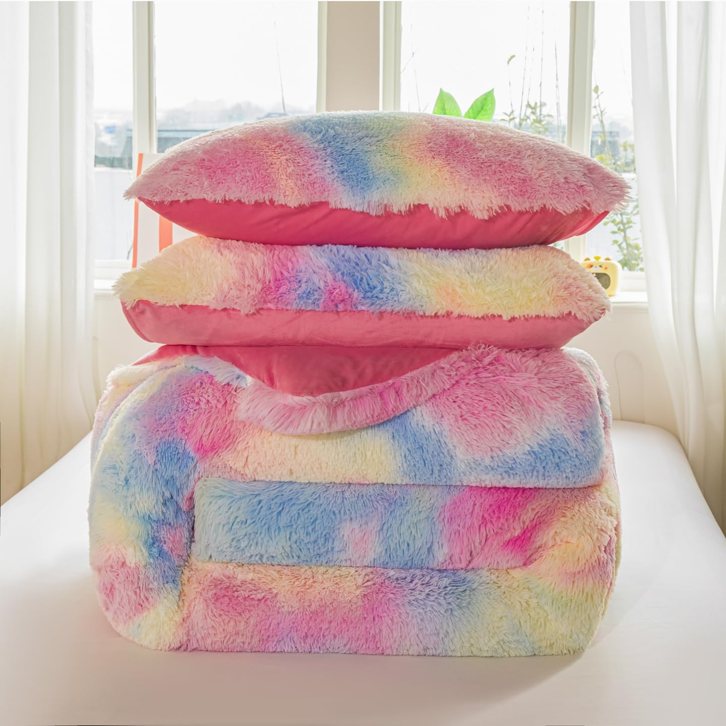 chovy Kids Girls Faux Fur Sunshine Rainbow Comforter Sets Twin/Full - 3PC Bed Set Soft Warm Comfortable Rabbit Plush Velvet Flannel Fluffy Fuzzy Bedding(Comforter x 1 Pillowcases x 2) - Image 9