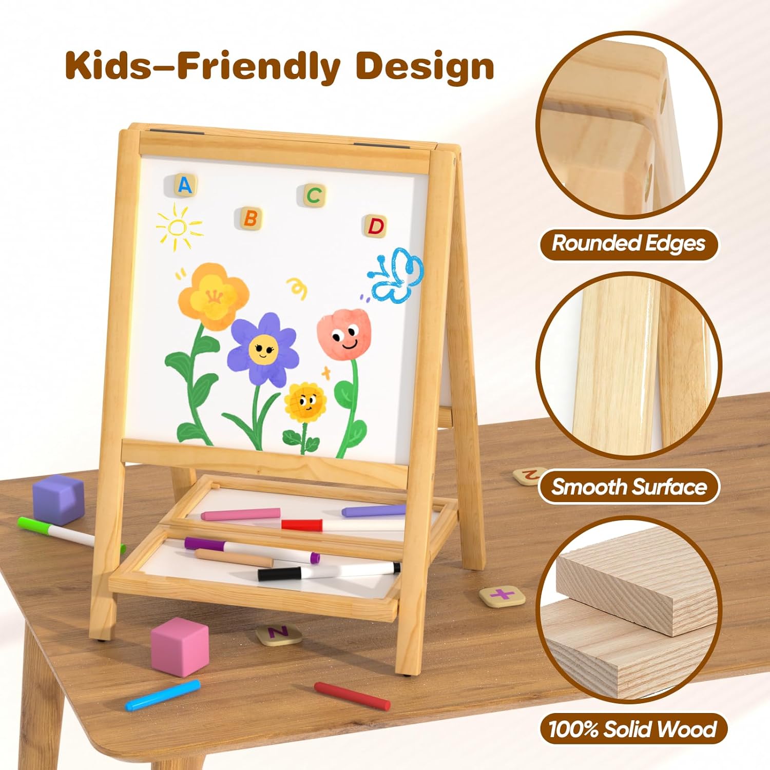 Kids Easel Wooden Art Easel for Kids, Tabletop Magnetic Drawing Board with Dual Chalkboard & Whiteboard, Foldable No-Assembly Design, Art Set with 54 Magnetic Letters & Numbers and Dustless Chalk
