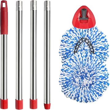 Spin Mop Set Compatible with O Cedar Rinse Clean 2-Tank System, Include 2 Blue Mop Heads Replacements, 1 Base, 1 Mop Handle 30-58in Combo, Microfiber Spin Mop Replacement Head Replacement