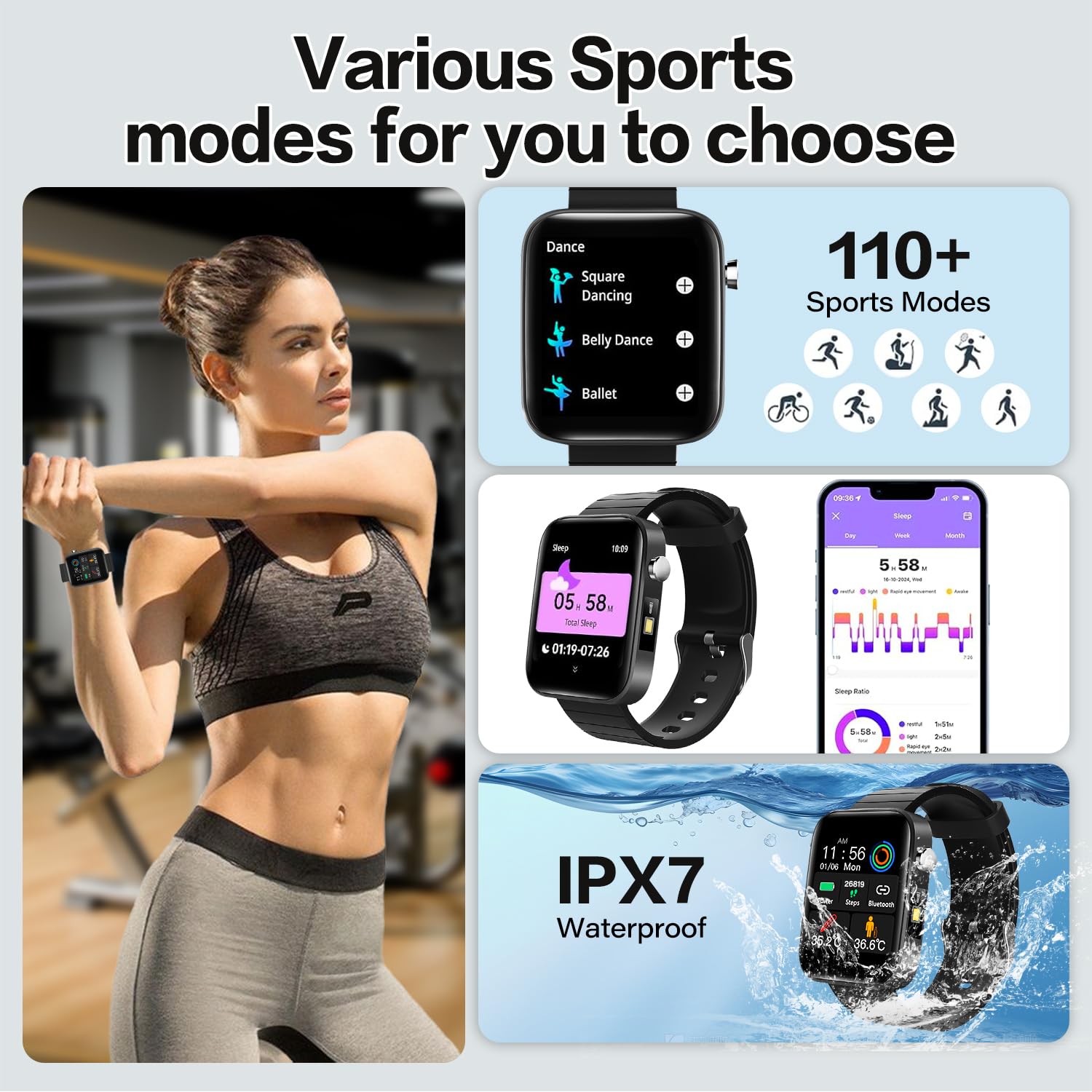 Smartwatch męski damski Life Tracker 1,95" HD Touch zegarek fitness, wodoszczelność 5ATM, wskaźnik witalności 24/7, 18 trybów sportowych, analiza snu, funkcja połączeń, kompatybilny z iOS