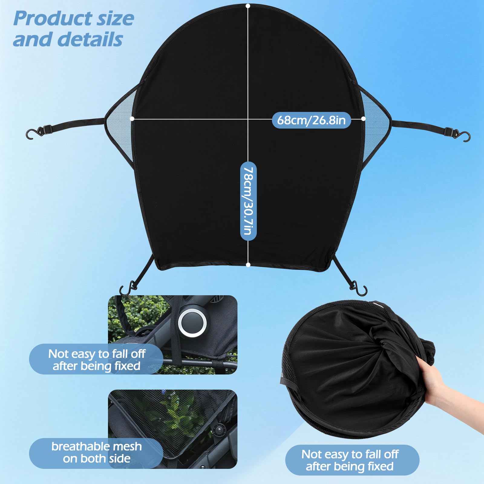 WD&CD Parasole per Passeggino, Pieghevole Traspirante con Protezione UV Facile da Installare, Nero
