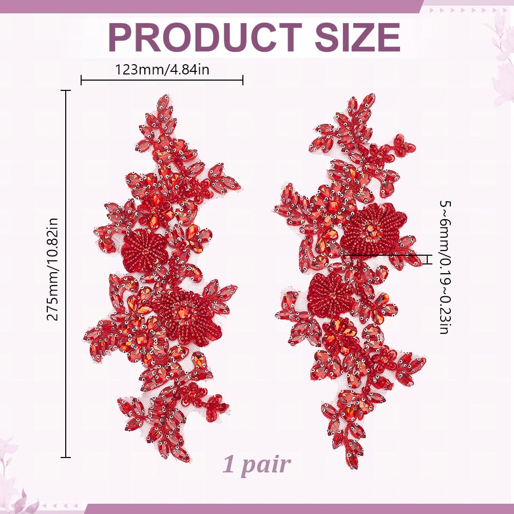 2 toppe in pizzo floreale rosso da cucire, 27 x 12 cm, scintillanti, con strass e pizzo ricamato, per abiti da sposa, costumi da ballo e fai da te