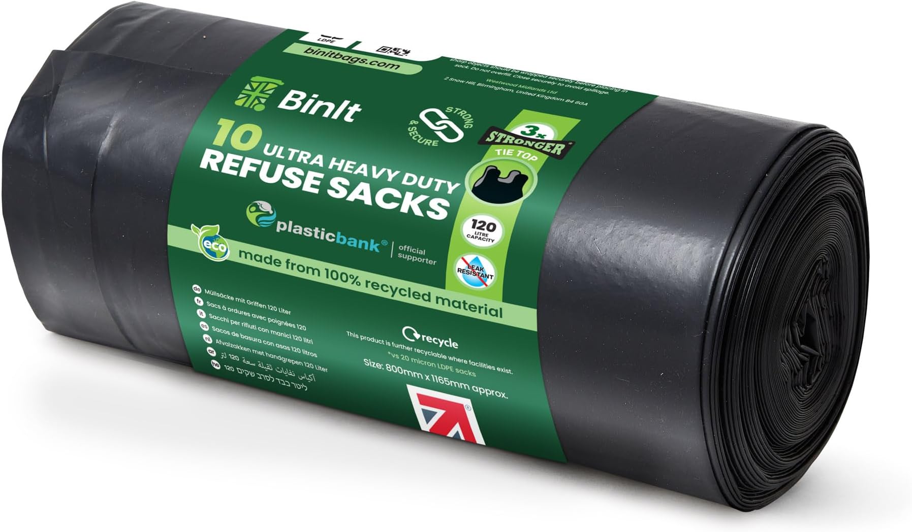 BIN IT 10 Tie Top, Ultra Heavy Duty, 120 Litre XL Refuse Sacks, Bin Bags, Bin Liners, 80kg Lift Tested, Super Strong, 60 μm, Perfect for Household, Office, Garden, Commercial, DIY, Caterers, Builders