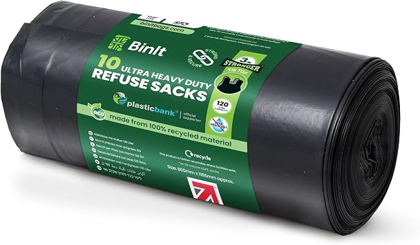 BIN IT 10 Tie Top, Ultra Heavy Duty, 120 Litre XL Refuse Sacks, Bin Bags, Bin Liners, 80kg Lift Tested, Super Strong, 60  m, Perfect for Household, Office, Garden, Commercial, DIY, Caterers, Builders
