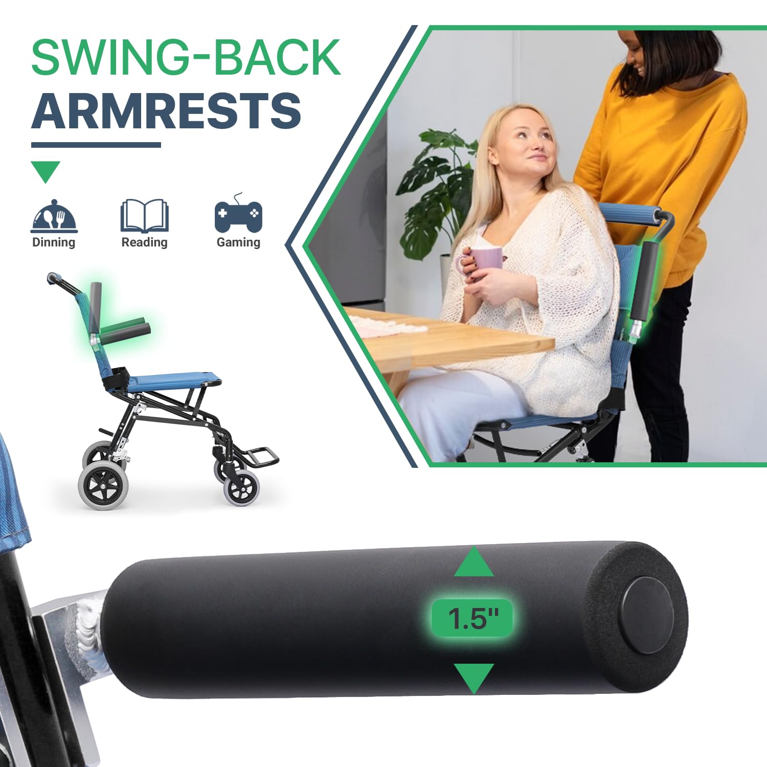 Magshion Silla de ruedas ligera de transporte con soporte de reposapiés de aluminio y reposabrazos abatible, resistente y plegable, silla de ruedas de asiento de 18 pulgadas de ancho para adultos,