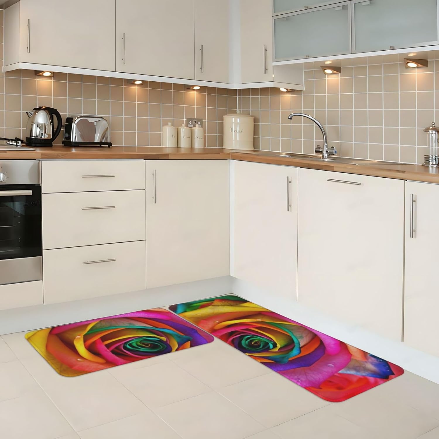 Colorful Rose Kitchen Mat Set of 2, Cushioned Anti Fatigue Kitchen Rugs Non Slip Crystal Velvet Kitchen Floor Mat Comfort Standing Mats for Laundry, Sink, 17 x 29.5+17 x 47.2 Inch