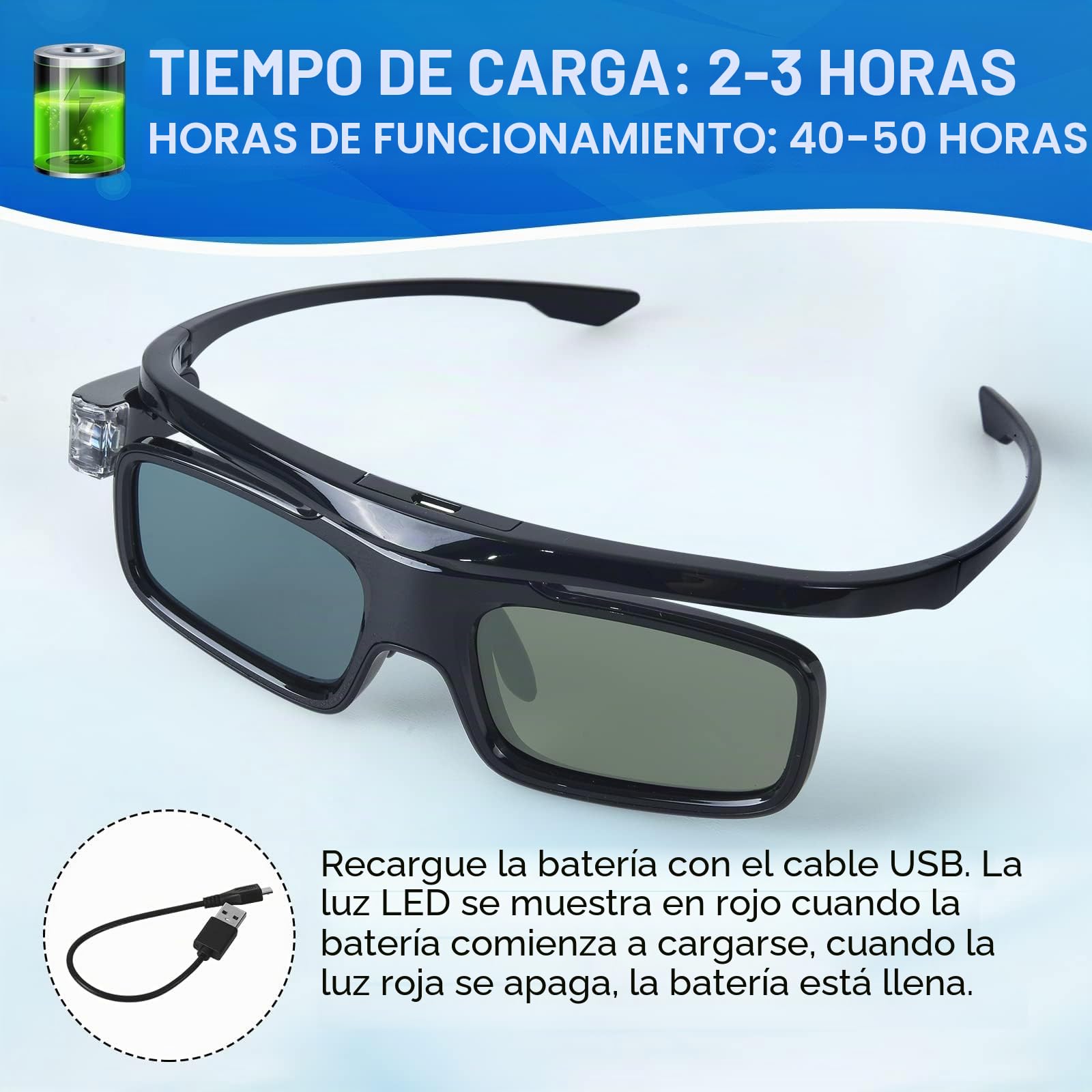 Gafas 3D, gafas de obturación activa 3D, recargables, adecuadas para proyector DLP Link 3D, 2 unidades