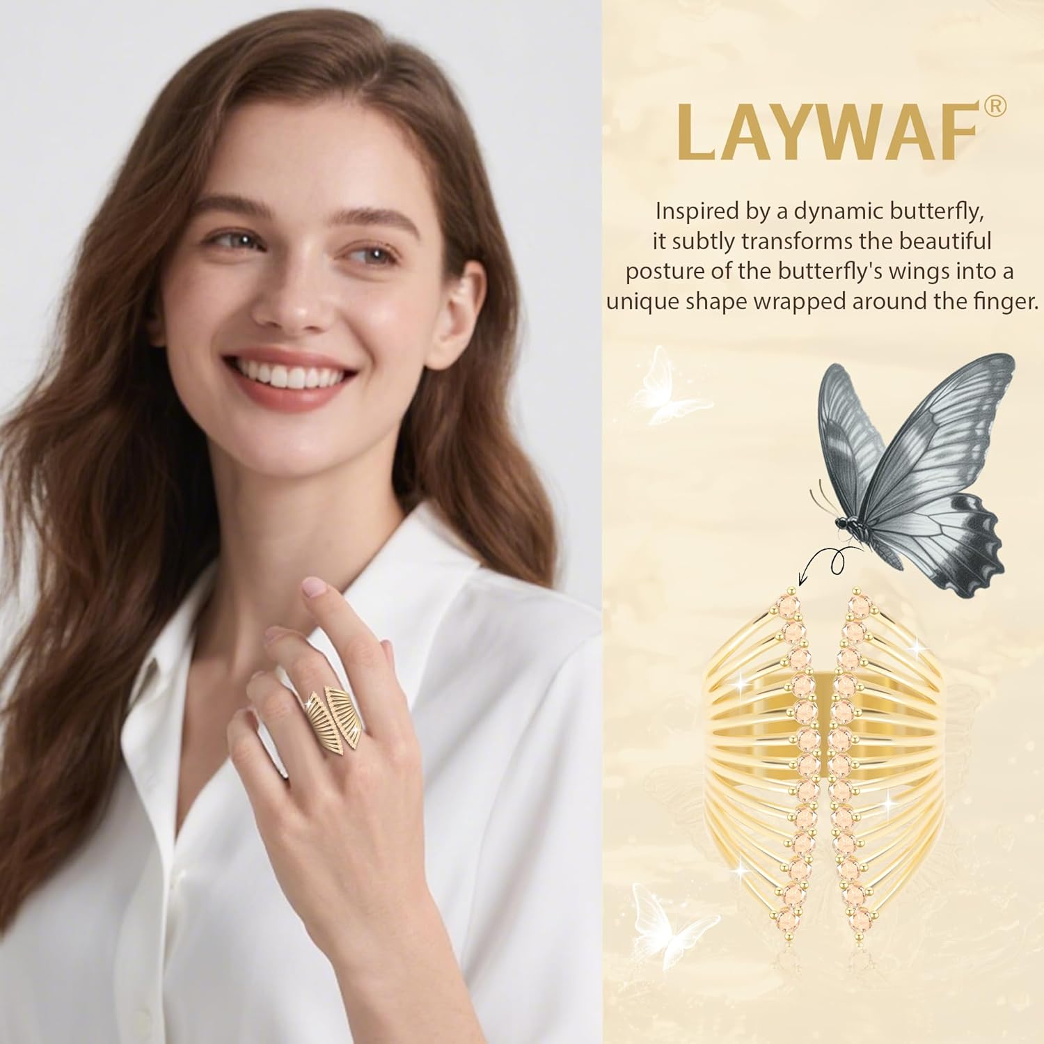 Rhinestone Butterfly Rings for Women, Cubic Zirconia Fake Diamond Adjustable Thumb Ring, Chunky Vintage Gemstone Rings, Available in Gold Plated and Silver Plated - Image 2