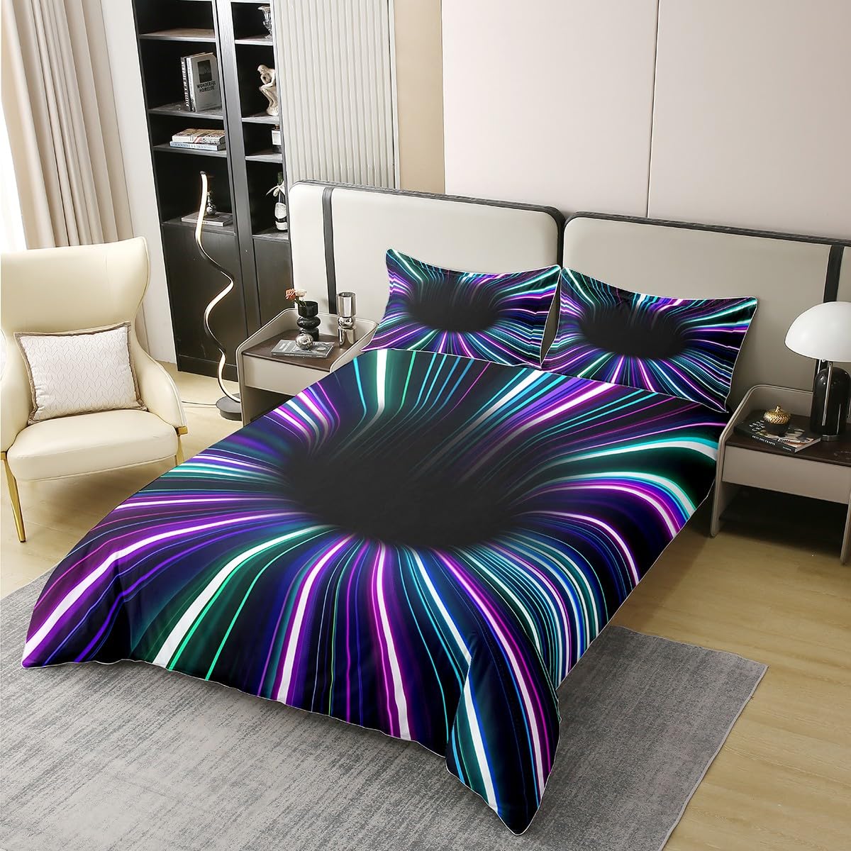 100% Organic Cotton 3D Vortex Duvet Cover Single,Ombre Gradient Comforter Cover,Geometric Stripe Bedspread Cover for Adult,Visual Illusion Quilt Cover,Modern Abstract Art Bedding Set - Image 2